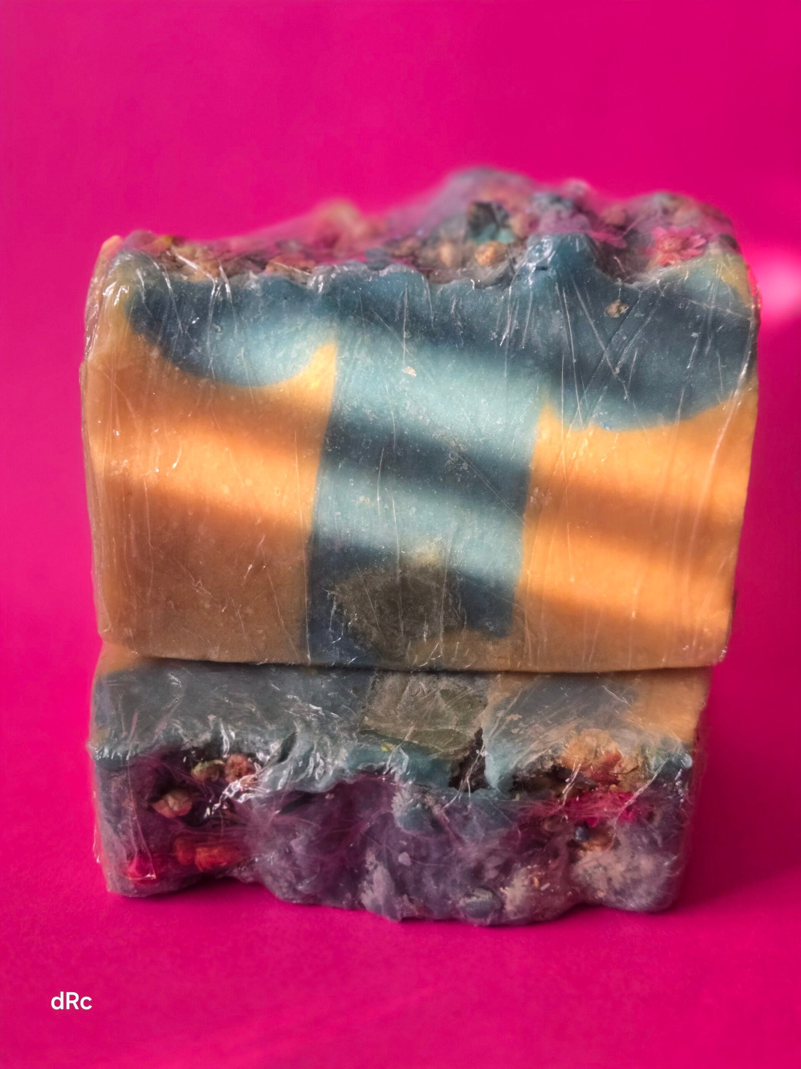 Botanic Bloom Soap handcrafted bars with teal, gold and indigo stripes and dried flower petals pressed into the top, by RL Organics
