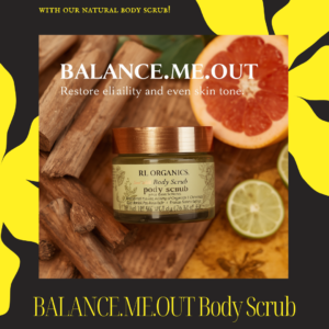 Balance Me Out Body Scrub jar with cedarwood, grapefruit, and lime