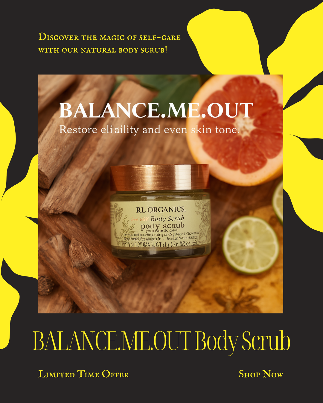 Balance Me Out Body Scrub jar with cedarwood, grapefruit, and lime