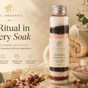Botanical Elixir Bath Shots by RL Organics, layered mineral salts with dried flowers and essential oil.