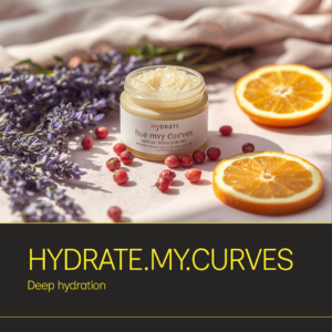 Hydrate My Curves Body Scrub jar with lavender, rosehip, and bergamot