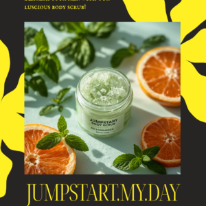 Jumpstart My Day Body Scrub jar with eucalyptus, grapefruit, and spearmint