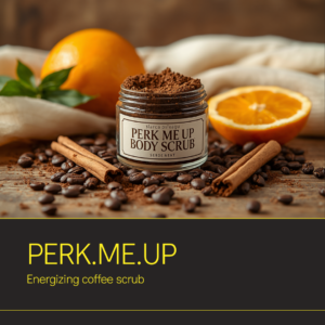 Perk Me Up Body Scrub jar with coffee grounds, cinnamon, and wild orange