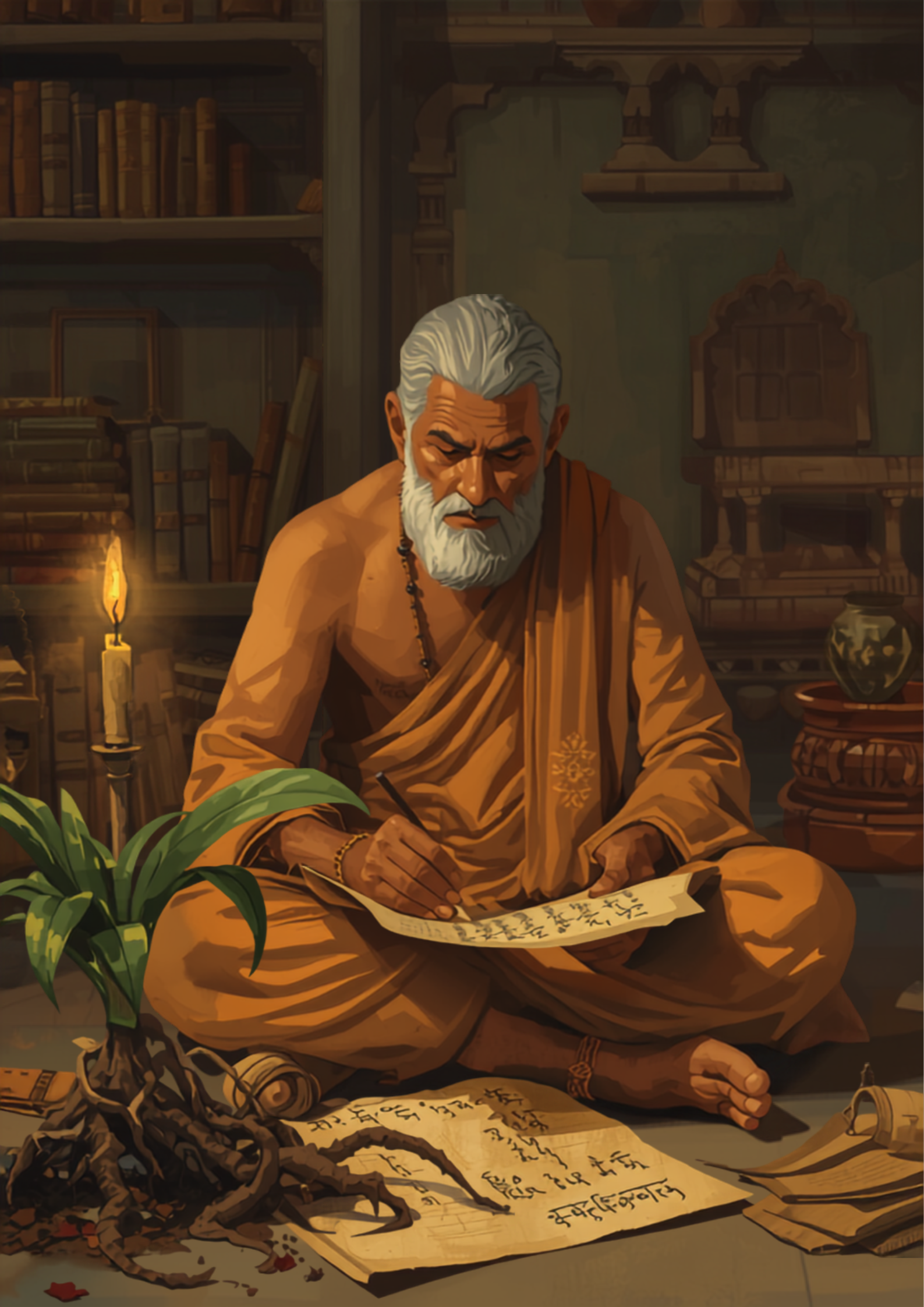 Ayurvedic scholar documenting ashwagandha in a historical Indian manuscript setting
