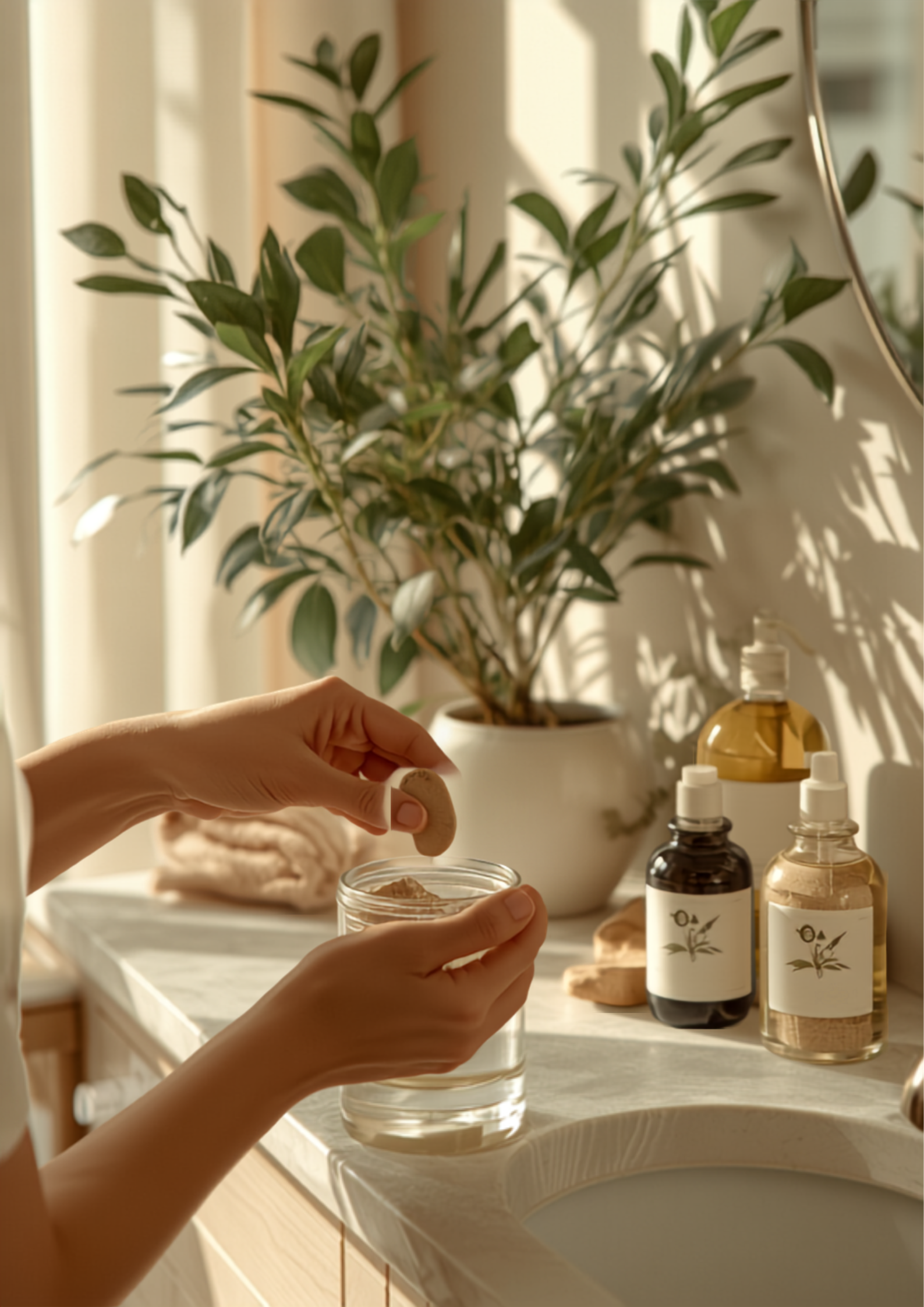 Modern botanical wellness ritual scene incorporating ashwagandha into daily self-care