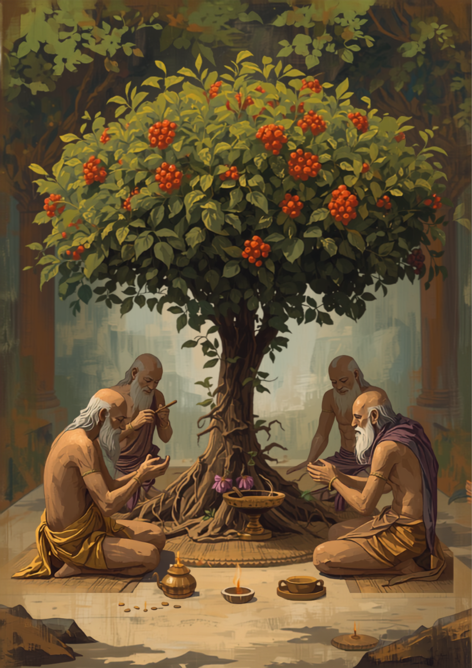 Painterly depiction of ancient Vedic India ceremonial use of ashwagandha, around 1500 BCE