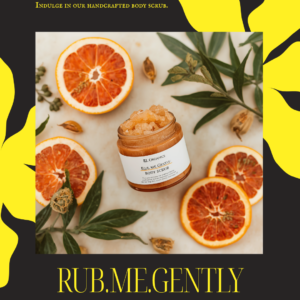 Rub Me Gently Body Scrub jar with grapefruit, wild orange, and patchouli
