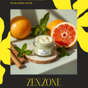 Zen Zone Body Scrub jar with cedarwood, grapefruit, and spearmint